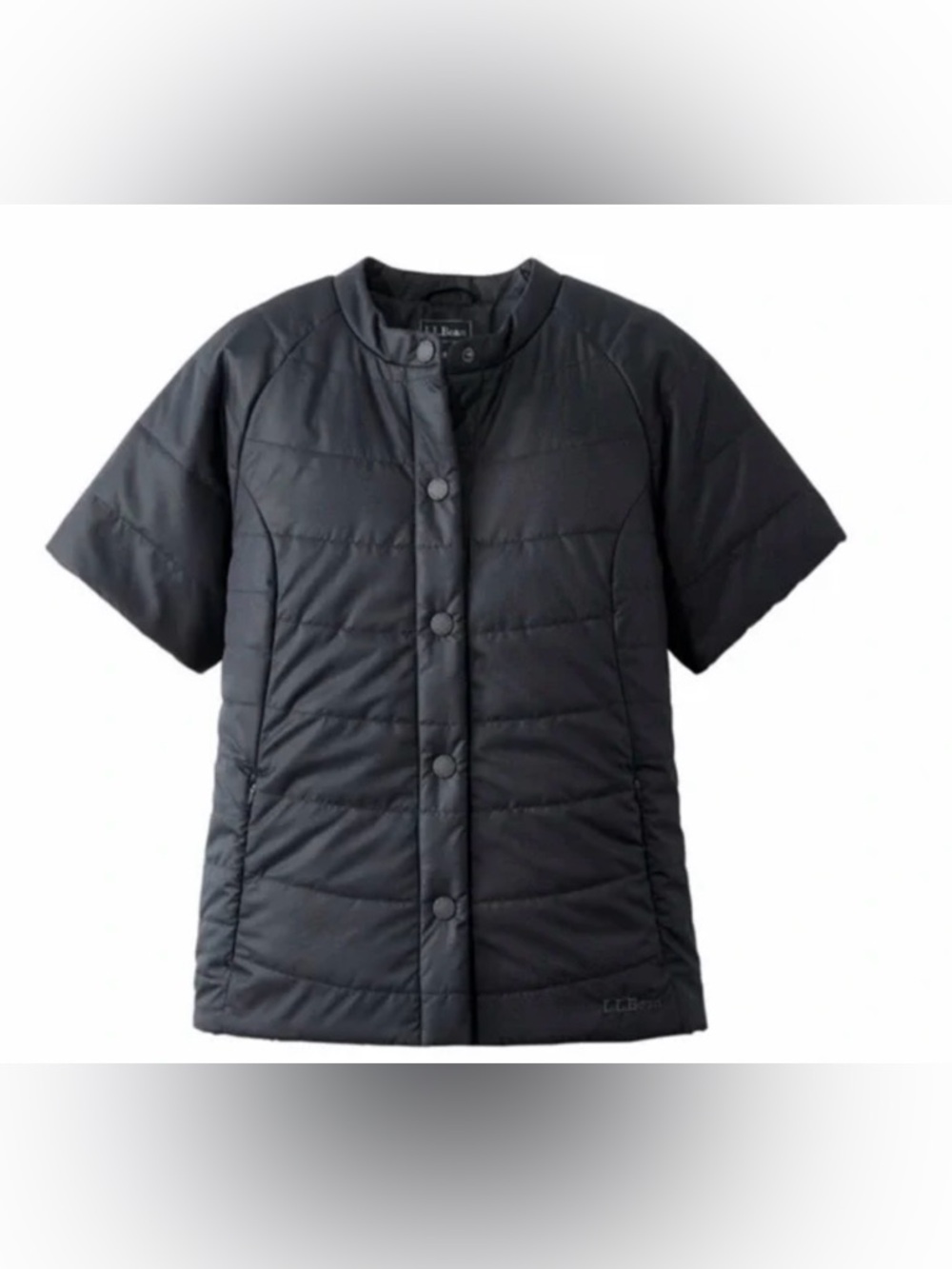 LL Bean Collarless Short Sleeve Black Quilted Puffer Snap Front Jacket Women S